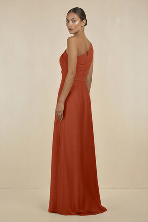 Ruffled One - Shoulder Pleated Sheath Bridesmaid Dress in Spice - SHE IS ME Bridesmaid Dresses