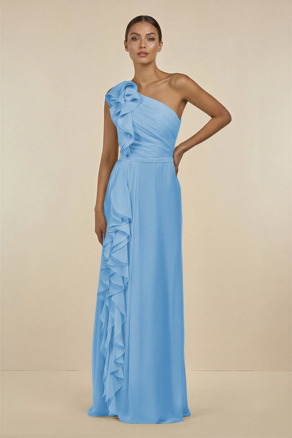 Ruffled One - Shoulder Pleated Sheath Bridesmaid Dress in Steel Blue - SHE IS ME Bridesmaid Dresses