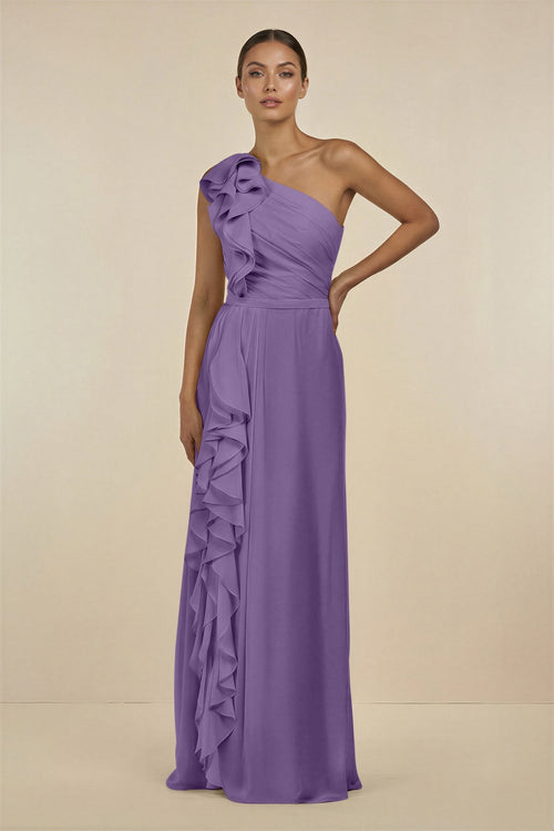 Ruffled One - Shoulder Pleated Sheath Bridesmaid Dress in Tahiti - SHE IS ME Bridesmaid Dresses