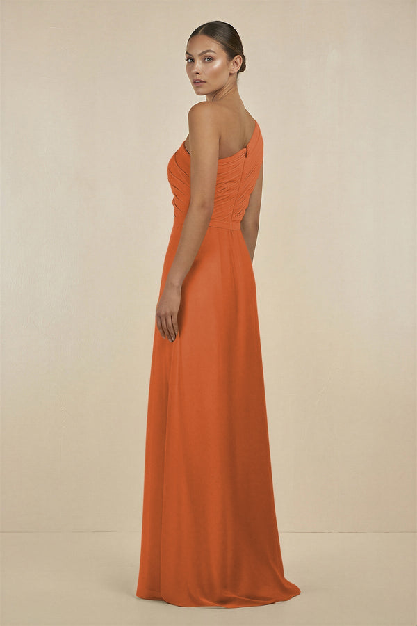 Ruffled One - Shoulder Pleated Sheath Bridesmaid Dress in Terracotta - SHE IS ME Bridesmaid Dresses