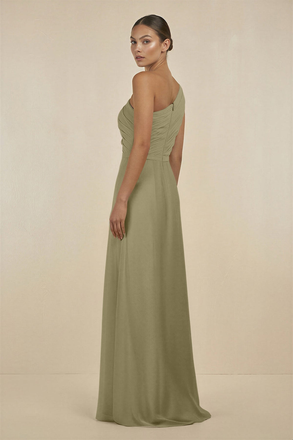 Ruffled One - Shoulder Pleated Sheath Bridesmaid Dress in Thyme - SHE IS ME Bridesmaid Dresses