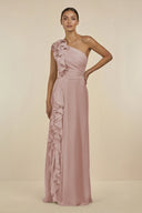 Ruffled One - Shoulder Pleated Sheath Bridesmaid Dress in Toffee - SHE IS ME Bridesmaid Dresses