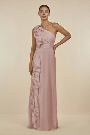Ruffled One - Shoulder Pleated Sheath Bridesmaid Dress in Toffee - SHE IS ME Bridesmaid Dresses