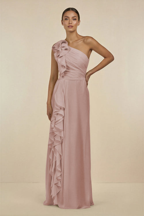 Ruffled One - Shoulder Pleated Sheath Bridesmaid Dress in Toffee - SHE IS ME Bridesmaid Dresses