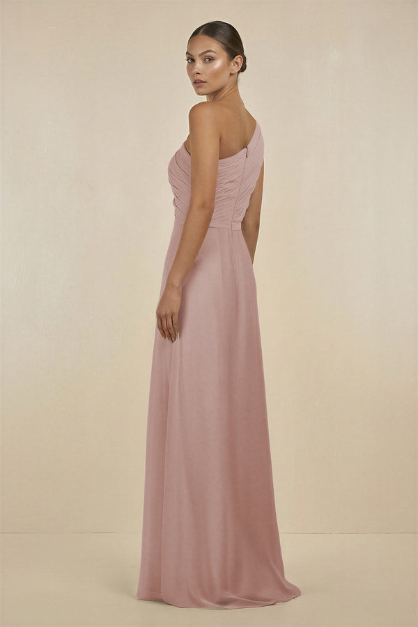 Ruffled One - Shoulder Pleated Sheath Bridesmaid Dress in Toffee - SHE IS ME Bridesmaid Dresses