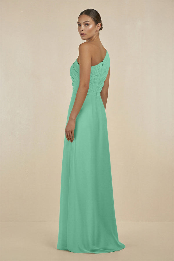 Ruffled One - Shoulder Pleated Sheath Bridesmaid Dress in Turquoise - SHE IS ME Bridesmaid Dresses