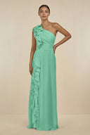 Ruffled One - Shoulder Pleated Sheath Bridesmaid Dress in Turquoise - SHE IS ME Bridesmaid Dresses