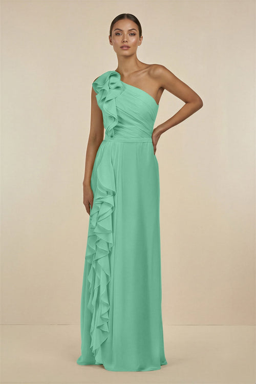 Ruffled One - Shoulder Pleated Sheath Bridesmaid Dress in Turquoise - SHE IS ME Bridesmaid Dresses