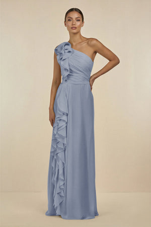Ruffled One - Shoulder Pleated Sheath Bridesmaid Dress in Twilight - SHE IS ME Bridesmaid Dresses