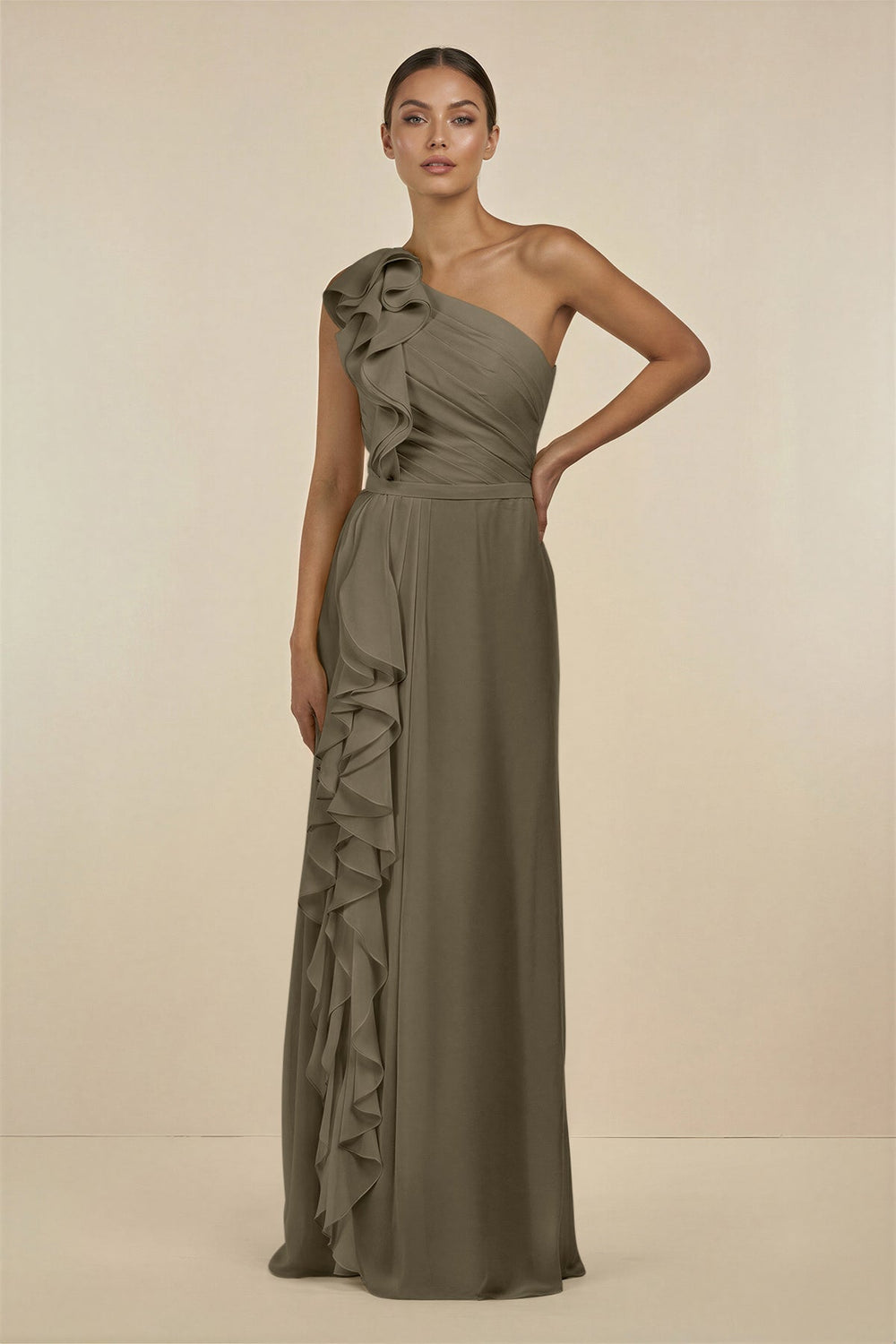 Ruffled One - Shoulder Pleated Sheath Bridesmaid Dress in Willow Green - SHE IS ME Bridesmaid Dresses