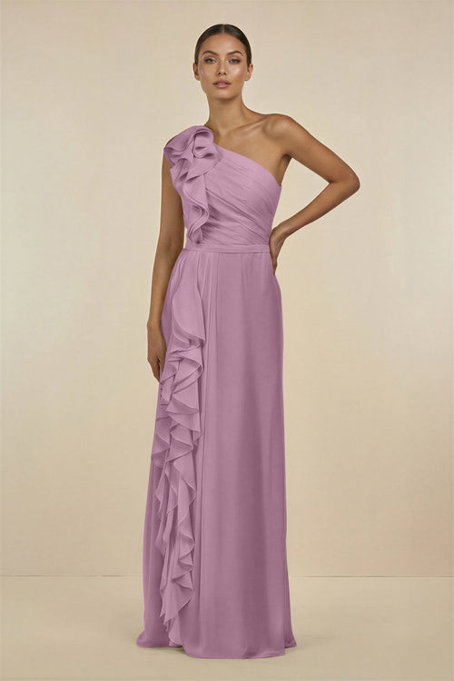 Ruffled One - Shoulder Pleated Sheath Bridesmaid Dress in Wisteria - SHE IS ME Bridesmaid Dresses