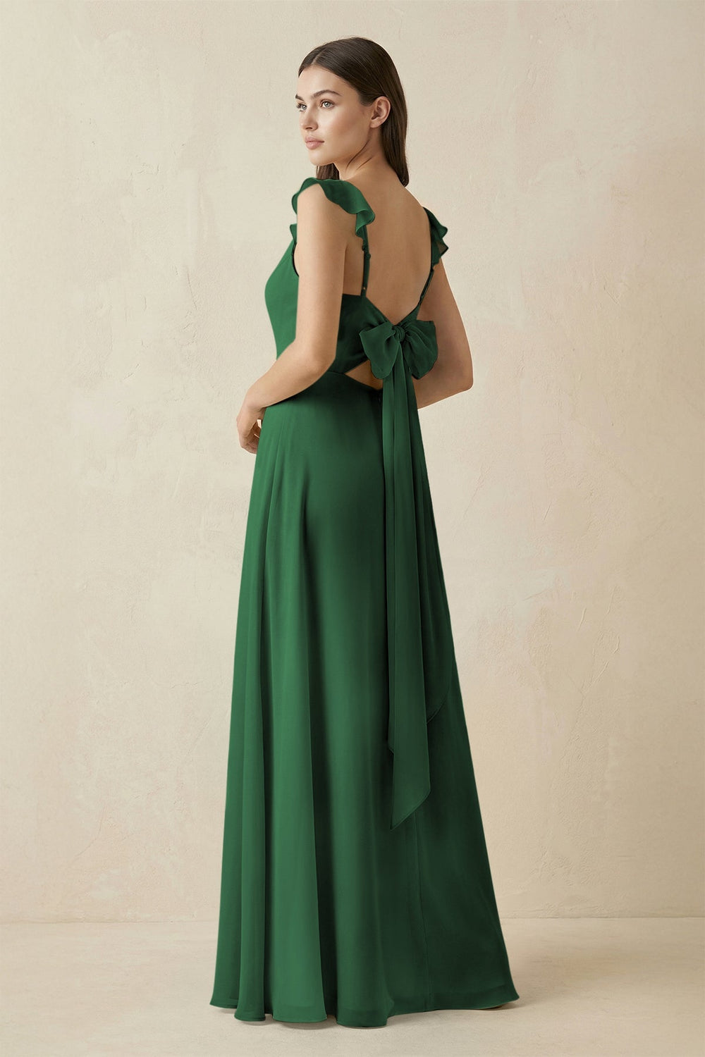 Ruffled Sleeve A - Line Chiffon Bridesmaid Dress in Dark Green - SHE IS ME Bridesmaid Dresses