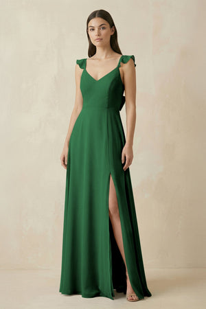 Ruffled Sleeve A - Line Chiffon Bridesmaid Dress in Dark Green - SHE IS ME Bridesmaid Dresses