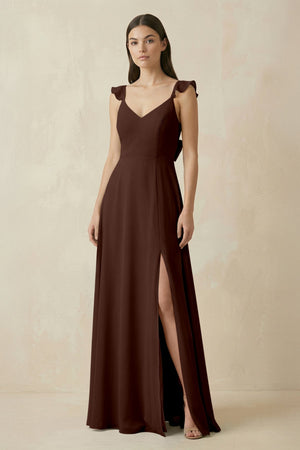 Ruffled Sleeve A - Line Chiffon Bridesmaid Dress in Espresso - SHE IS ME Bridesmaid Dresses