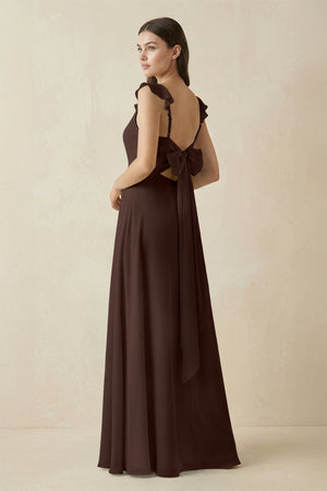 Ruffled Sleeve A - Line Chiffon Bridesmaid Dress in Espresso - SHE IS ME Bridesmaid Dresses