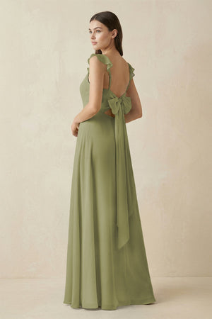 Ruffled Sleeve A - Line Chiffon Bridesmaid Dress in Moss Green - SHE IS ME Bridesmaid Dresses