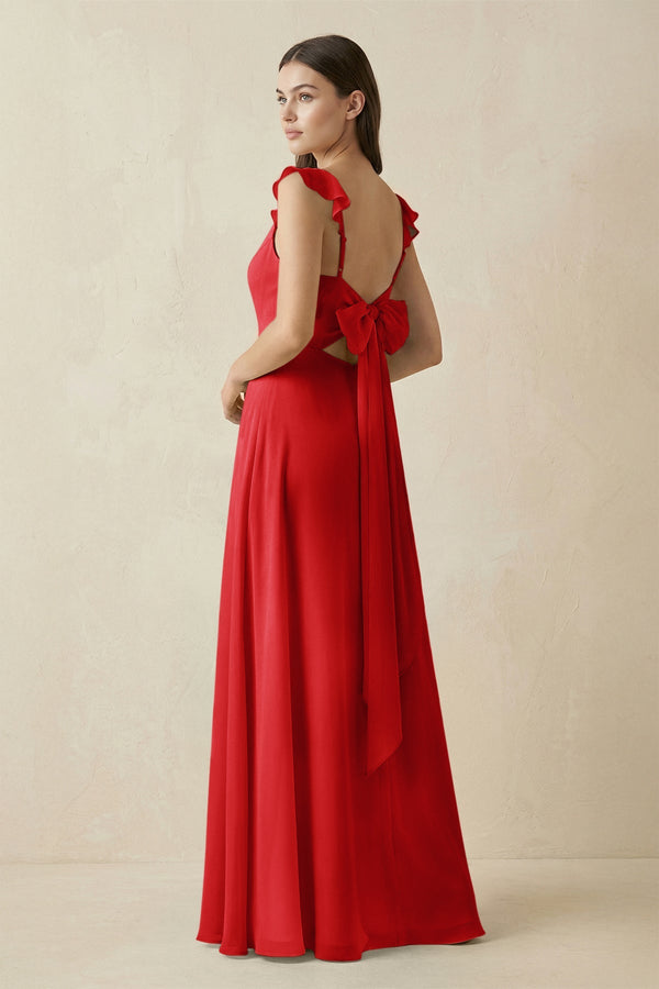 Ruffled Sleeve A - Line Chiffon Bridesmaid Dress in Ruby Red - SHE IS ME Bridesmaid Dresses