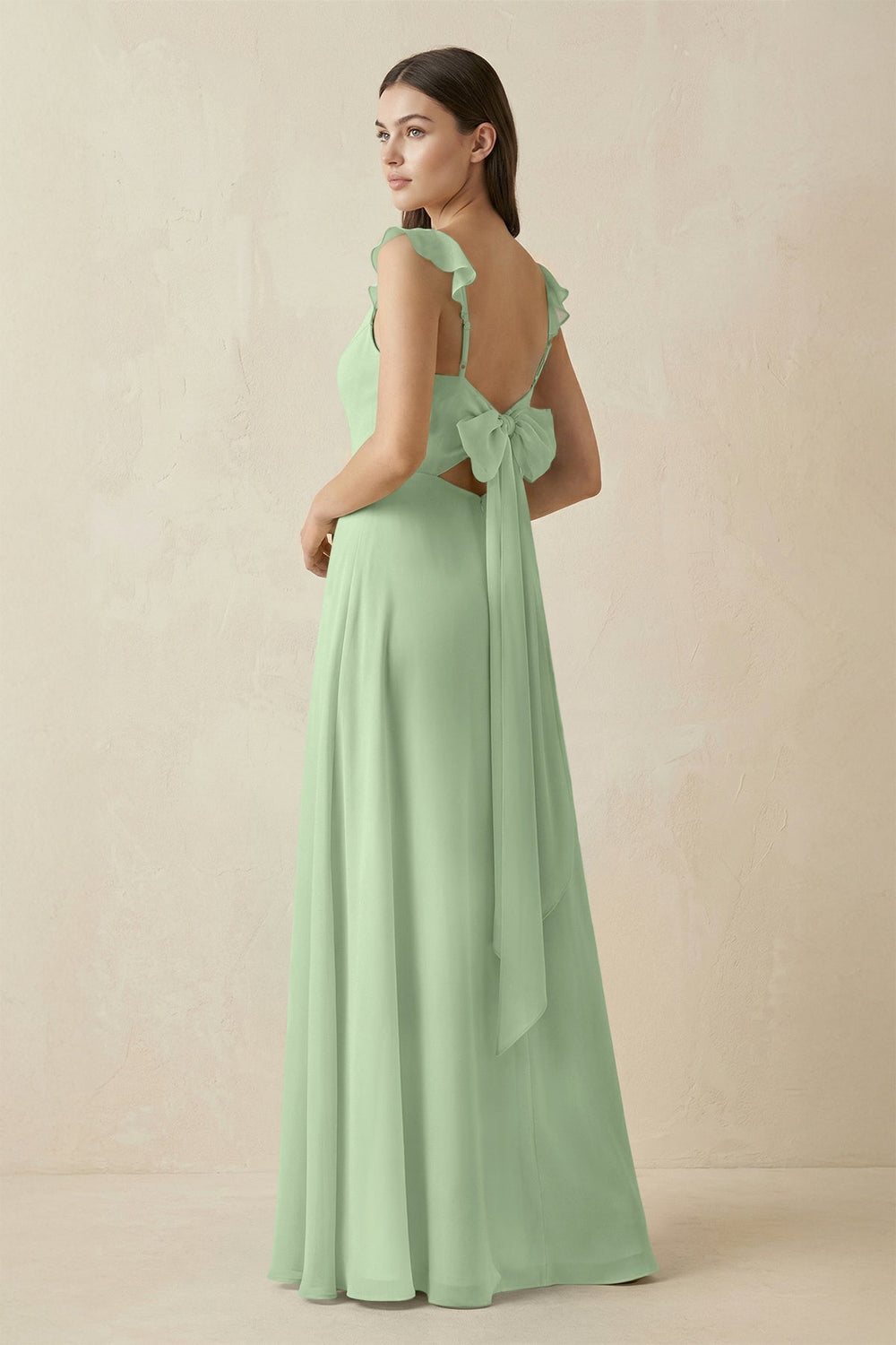 Ruffled Sleeve A - Line Chiffon Bridesmaid Dress in Sage - SHE IS ME Bridesmaid Dresses