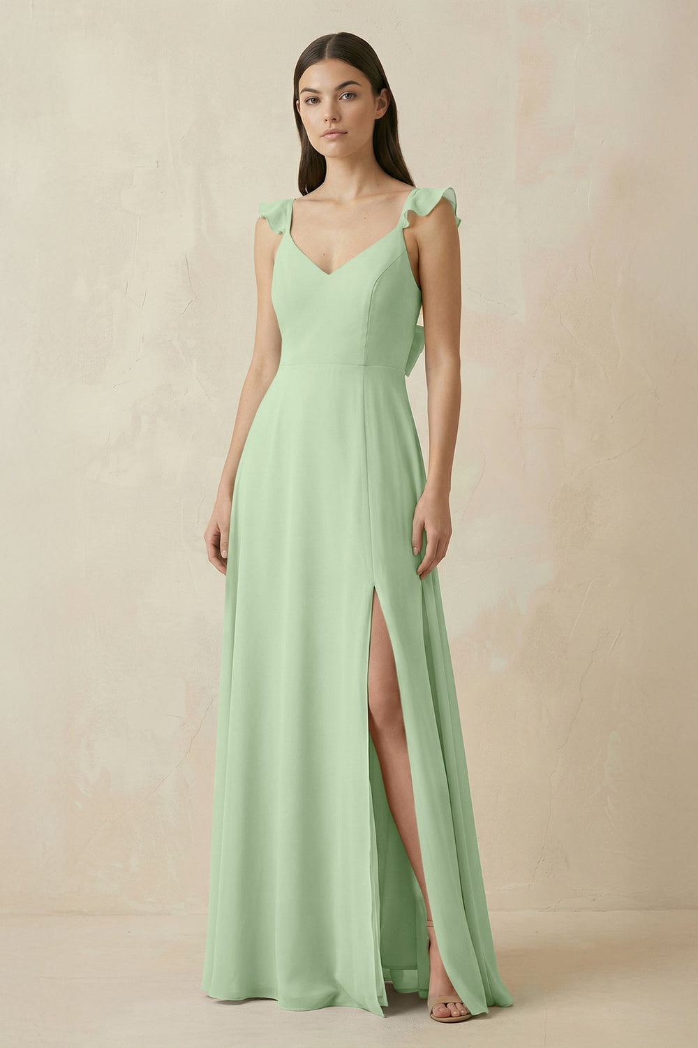 Ruffled Sleeve A - Line Chiffon Bridesmaid Dress in Sage - SHE IS ME Bridesmaid Dresses