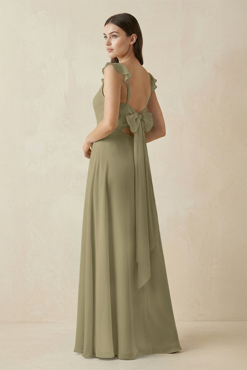 Ruffled Sleeve A - Line Chiffon Bridesmaid Dress in Thyme - SHE IS ME Bridesmaid Dresses