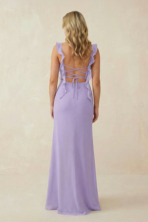 Ruffled Sleeve Ruched Sheath Chiffon Bridesmaid Dress in Lavender - SHE IS ME BRIDESMAID DRESSES