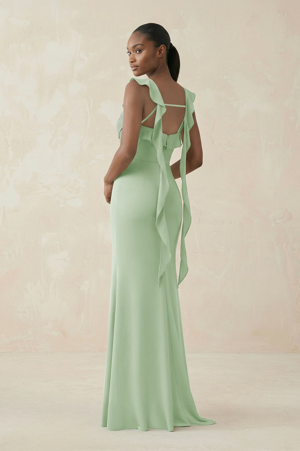 Ruffled Sleeve Sheath Satin Bridesmaid Dress in Sage - SHE IS ME Bridesmaid Dresses