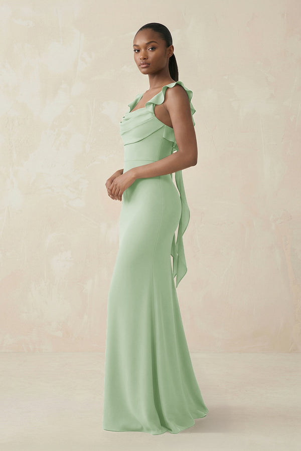 Ruffled Sleeve Sheath Satin Bridesmaid Dress in Sage - SHE IS ME Bridesmaid Dresses