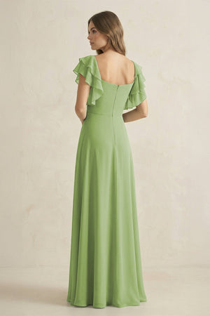 Ruffled Sleeves A-Line Chiffon Bridesmaid Dress in Matcha - SHE IS ME BRIDESMAID DRESSES