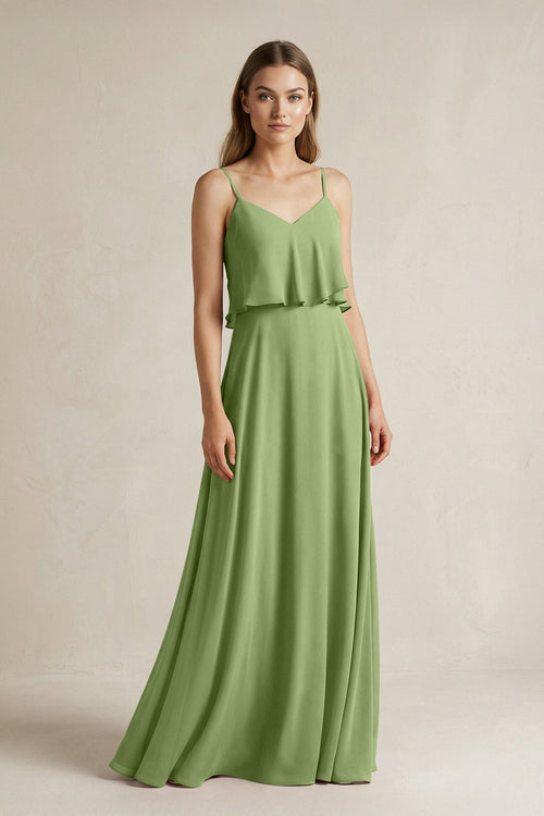 Ruffled Spaghetti Strap A - Line Chiffon Bridesmaid Dress in Matcha - SHE IS ME Bridesmaid Dresses