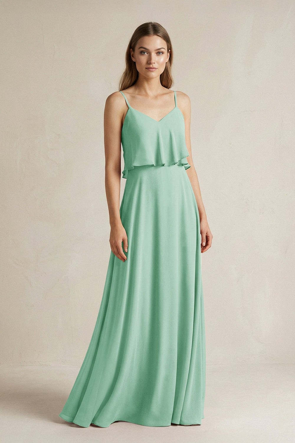 Ruffled Spaghetti Strap A - Line Chiffon Bridesmaid Dress in Pale Pistachio - SHE IS ME Bridesmaid Dresses