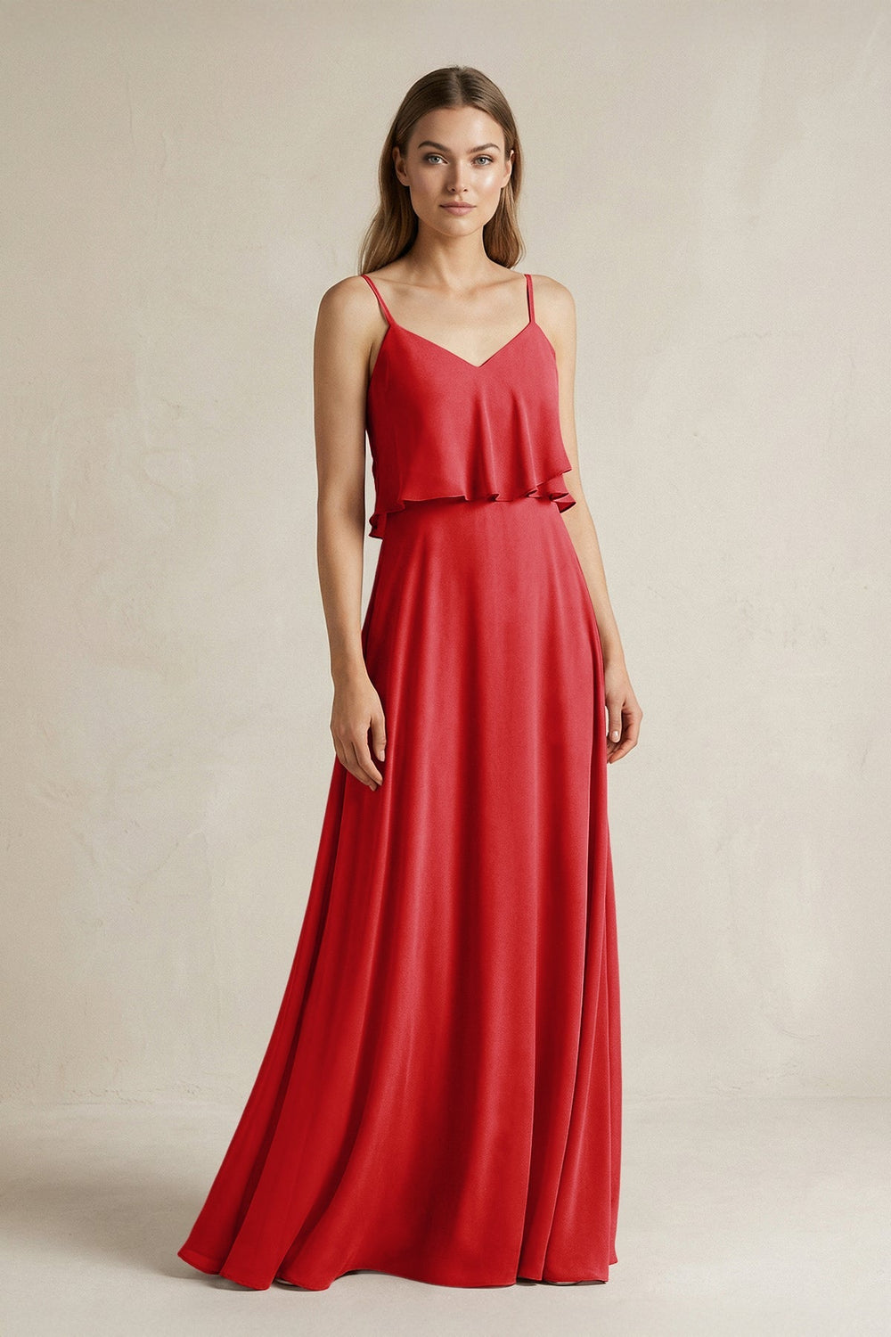 Ruffled Spaghetti Strap A - Line Chiffon Bridesmaid Dress in Ruby Red - SHE IS ME Bridesmaid Dresses