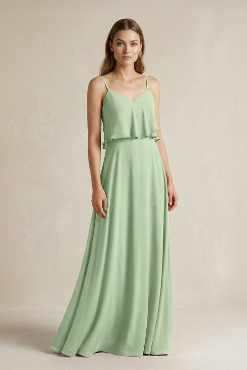 Ruffled Spaghetti Strap A - Line Chiffon Bridesmaid Dress in Sage - SHE IS ME Bridesmaid Dresses