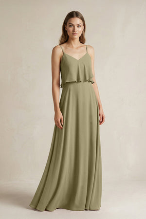 Ruffled Spaghetti Strap A - Line Chiffon Bridesmaid Dress in Thyme - SHE IS ME Bridesmaid Dresses