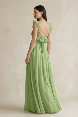 Ruffled Spaghetti Strap Chiffon A - Line Bridesmaid Dress in Matcha - SHE IS ME Bridesmaid Dresses