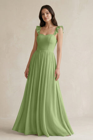 Ruffled Spaghetti Strap Chiffon A - Line Bridesmaid Dress in Matcha - SHE IS ME Bridesmaid Dresses