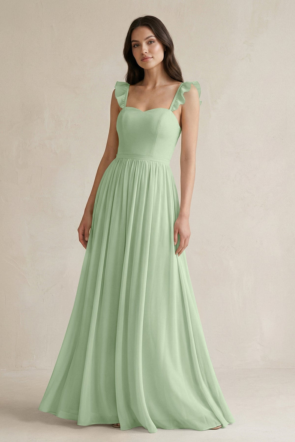 Ruffled Spaghetti Strap Chiffon A - Line Bridesmaid Dress in Sage - SHE IS ME Bridesmaid Dresses