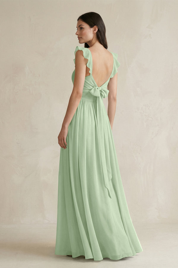 Ruffled Spaghetti Strap Chiffon A - Line Bridesmaid Dress in Sage - SHE IS ME Bridesmaid Dresses