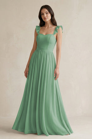 Ruffled Spaghetti Strap Chiffon A - Line Bridesmaid Dress in Sea Glass - SHE IS ME Bridesmaid Dresses