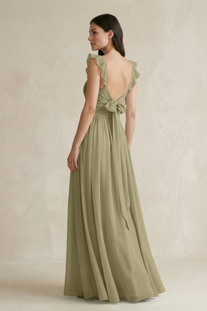 Ruffled Spaghetti Strap Chiffon A - Line Bridesmaid Dress in Thyme - SHE IS ME Bridesmaid Dresses