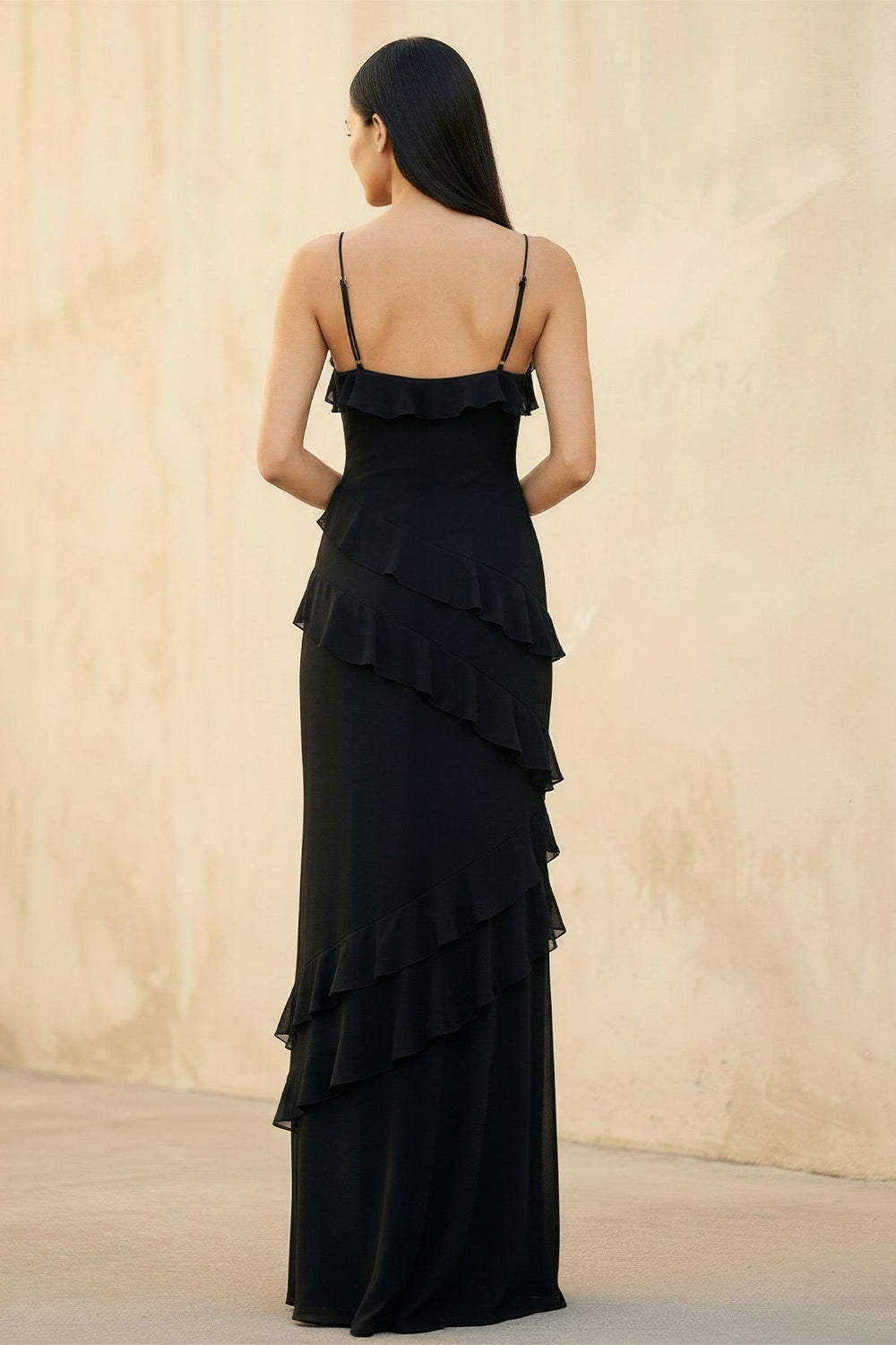 Ruffled Spaghetti Straps Gown in Black - SHE IS ME