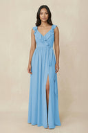 Ruffled V-Neck A-Line Chiffon Bridesmaid Dress in Steel Blue - SHE IS ME BRIDESMAID DRESSES