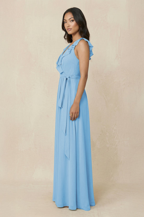 Ruffled V-Neck A-Line Chiffon Bridesmaid Dress in Steel Blue - SHE IS ME BRIDESMAID DRESSES