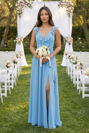 Ruffled V-Neck A-Line Chiffon Bridesmaid Dress in Steel Blue - SHE IS ME BRIDESMAID DRESSES