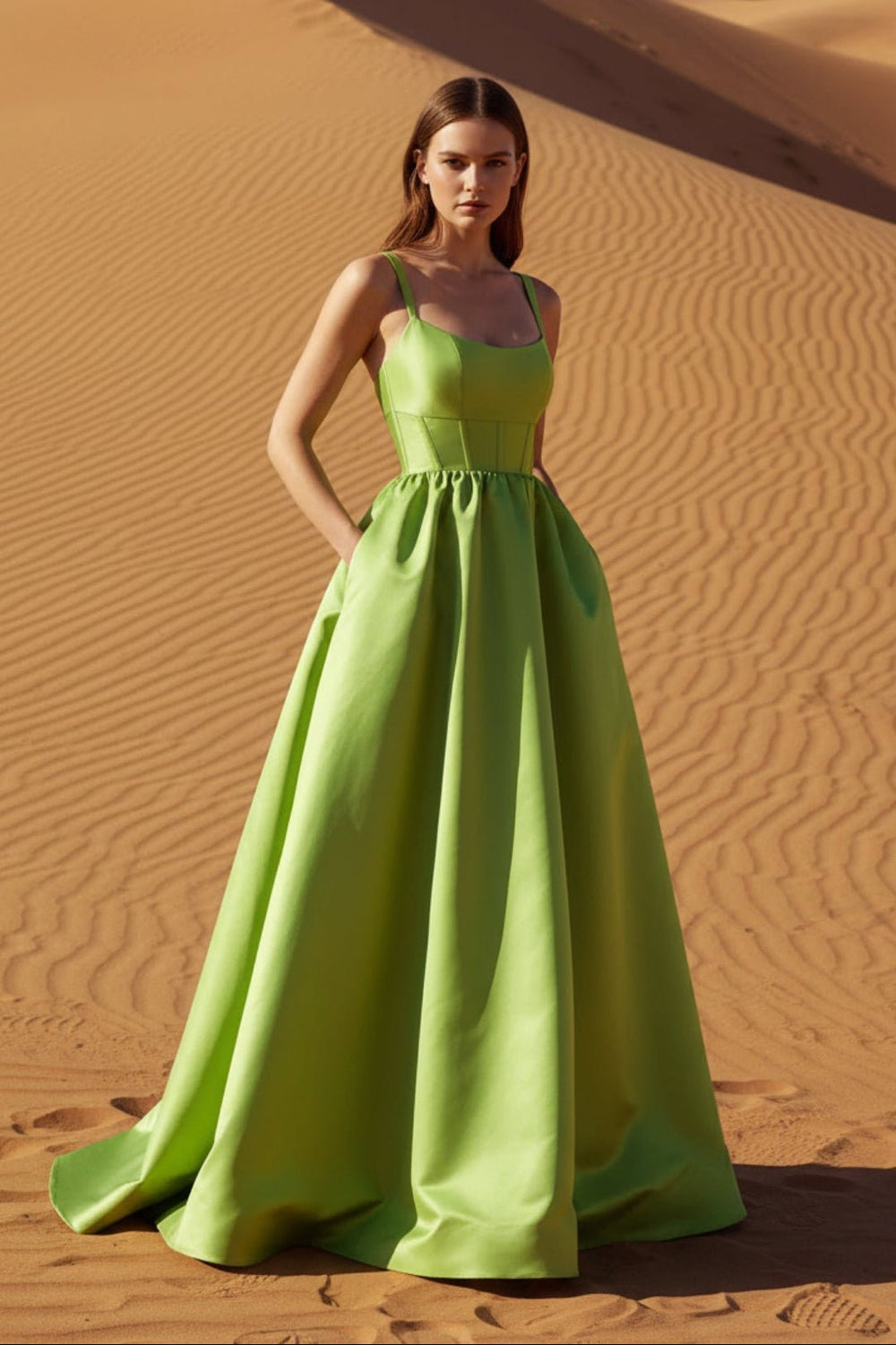 Satin Gown With Pockets in Green - SHE IS ME