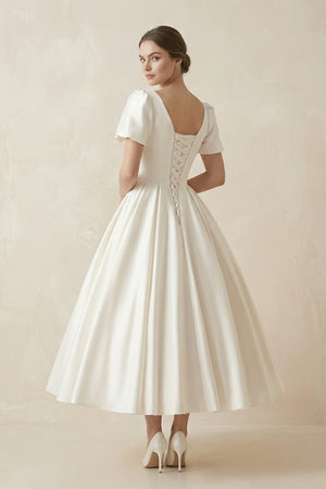 Satin Square Neck Short Sleeve Lace Up Wedding Dress in Ivory - SHE IS ME Wedding Dresses