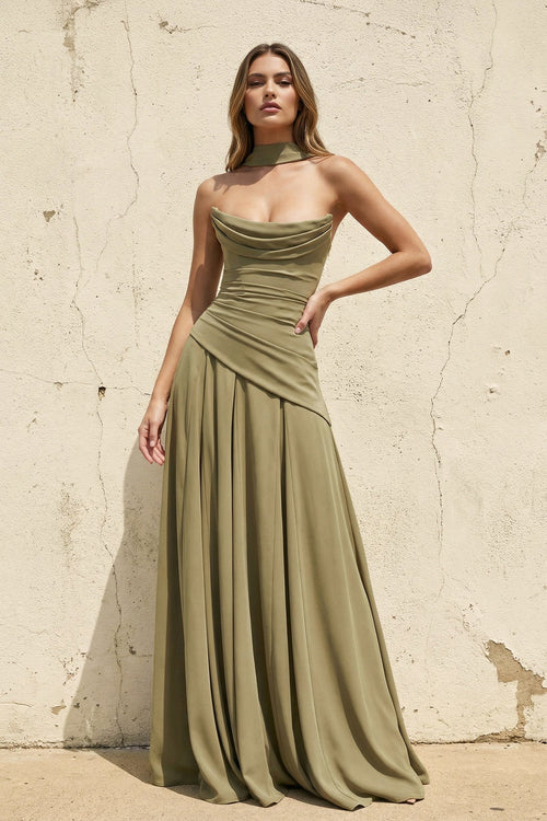 Scoop Neck Corset Gown with Scarf in Olive - SHE IS ME