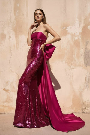 Sequins Mermaid Gown With Bow in Fuchsia - SHE IS ME