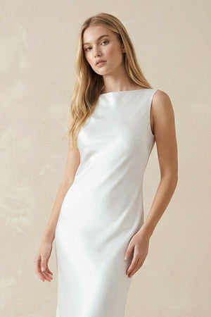 Sheath Bateau Neck Backless Silk Satin Wedding Dress - SHE IS ME Wedding Dresses