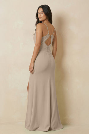 Sheath Cami Strap Chiffon Bridesmaid Dress with Slit in Almond - SHE IS ME Bridesmaid Dresses