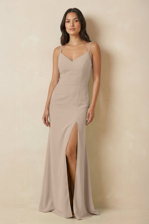 Sheath Cami Strap Chiffon Bridesmaid Dress with Slit in Almond - SHE IS ME Bridesmaid Dresses